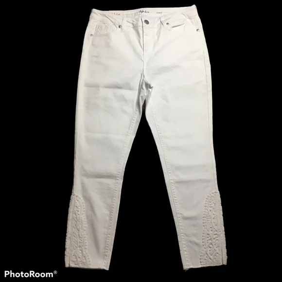 Style & Co Skinny Ankle Pant Crochet Detail Split Hem White Jeans 10P Petite 10 - Picture 2 of 16